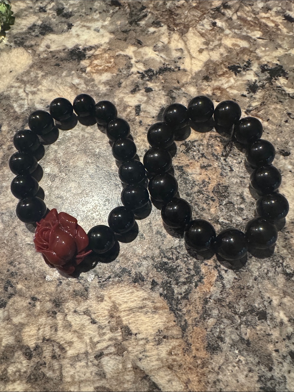Black Bead Stretch Bracelets with Red Rose Accent